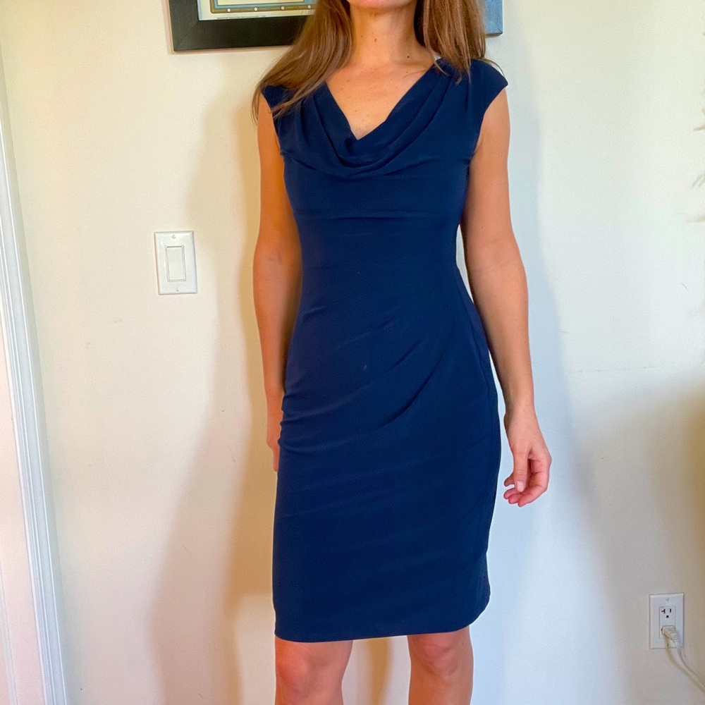 Navy Cap Sleeve Sheath Dress